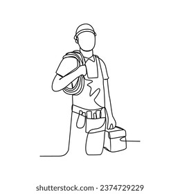 One continuous line drawing of Electrician profession with white background. Electrician profession design concept in simple linear style. Electrician profession design concept vector illustration.