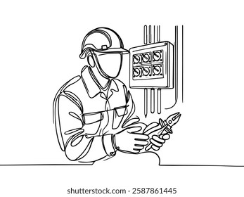 One continuous line drawing of Electrician profession with white background. Electrician profession design concept in simple linear style. Electrician profession design concept vector illustration.