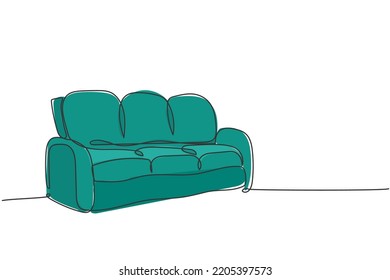 One continuous line drawing of elegance comfortable leather couch home appliance. Comfy living room sofa furniture template concept. Trendy single line draw design vector graphic illustration