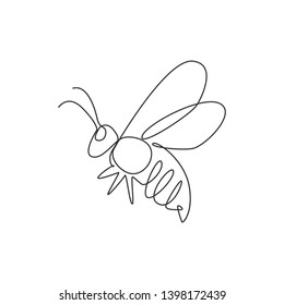 One continuous line drawing of elegant bee for company logo identity. Organic honey farm icon concept from wasp insect animal shape. Single line vector draw graphic design illustration