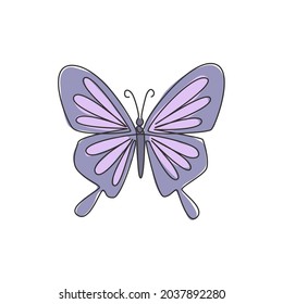 One continuous line drawing of elegant butterfly for company logo identity. Beauty salon and massage business icon concept from insect animal shape. Single line draw design vector illustration graphic