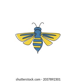 One continuous line drawing of elegant bee for company logo identity. Organic honey farm icon concept from wasp insect animal shape. Trendy single line vector draw design graphic illustration