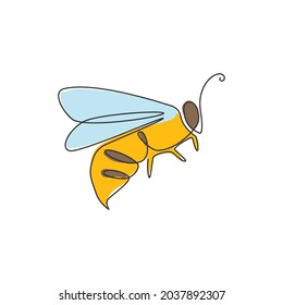 Un dibujo de línea continua de una abeja elegante para la identidad del logo de la compañía. Concepto de ícono de granja de miel orgánica a partir de la forma animal de avispa de insectos. ilustración vectorial de diseño gráfico de línea única