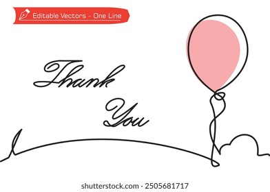 Un dibujo de línea continua de globos elegantes sobre un fondo rosa con la carta de agradecimiento para tarjetas de felicitación. Ilustración vectorial de un dibujo de líneas de globos y carta de agradecimiento.