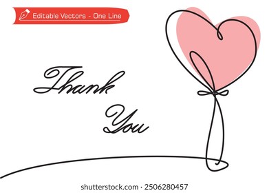 One continuous line drawing of elegant dodle style heart balloon with thank you letter. Vector illustration of heart balloon image with pink background and thank you letter for greeting card, poster.