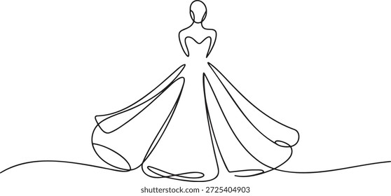 Un dibujo de línea continua de novia elegante en vestido de novia que fluye modelo de desfile de moda en silueta de vestido hermoso concepto de arte moderno de una sola línea ilustración de minimalismo de diseño de ropa femenina boceto de desgaste nupcial