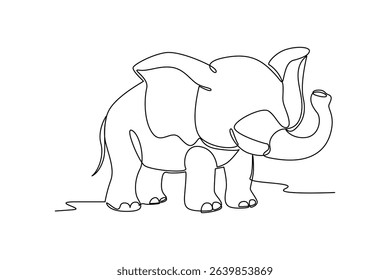 One continuous line drawing of elephant cartoon. Wild animal deer with antlers is dynamic silhouette in simple linear style. Animals minimalist concept. Cartoon minimalist concept.