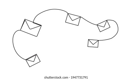 One continuous line drawing of email icon isolated on white background EPS10 vector illustration for banner, web, design element, template, postcard. Letter, envelope image. Connecting mail background