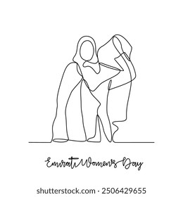 One continuous line drawing of Emirati Women’s Day celebration vector illustration. Emirati Women's Day in simple linear concept vector design. UAE National day celebration design vector in August. 