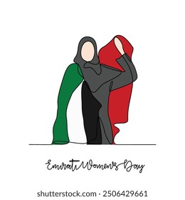 Eine durchgehende Linie Zeichnung der Emirati Frauentag Feier Vektorgrafik. Emirati Women's Day im einfachen linearen Konzept, Vektordesign. VAE National Day Feier Design Vektor im August. 