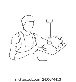 One continuous line drawing of an employee who is working in a shoe factory vector illustration. Shoes factory activity illustration simple linear style concept vector. suitable for your asset design.
