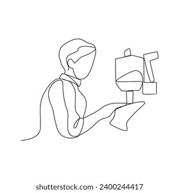 One continuous line drawing of an employee who is working in a shoe factory vector illustration. Shoes factory activity illustration simple linear style concept vector. suitable for your asset design.