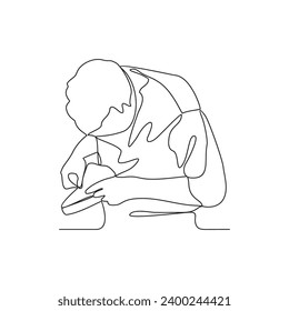One continuous line drawing of an employee who is working in a shoe factory vector illustration. Shoes factory activity illustration simple linear style concept vector. suitable for your asset design.