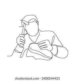 Un dibujo de línea continua de un empleado que trabaja en una ilustración de vector de fábrica de zapatos. Ilustración de actividad de fábrica de zapatos vector de concepto de estilo lineal simple. adecuado para su diseño de activos.