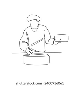 One continuous line drawing of an employee who works in a cheese factory vector illustration. Industrial activity design illustration simple linear style vector concept. Cheese industry design vector.