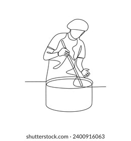 One continuous line drawing of an employee who works in a cheese factory vector illustration. Industrial activity design illustration simple linear style vector concept. Cheese industry design vector.