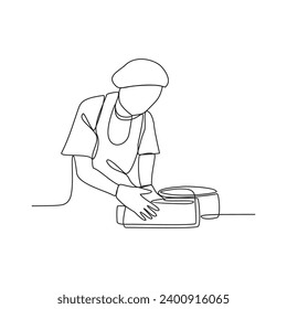 One continuous line drawing of an employee who works in a cheese factory vector illustration. Industrial activity design illustration simple linear style vector concept. Cheese industry design vector.