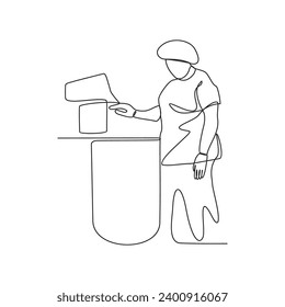 One continuous line drawing of an employee who works in a cheese factory vector illustration. Industrial activity design illustration simple linear style vector concept. Cheese industry design vector.