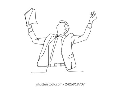 One continuous line drawing of an employee successfully completes his work target. Teamwork concept single line draw design vector illustration. Dream come true. Achieving goals.