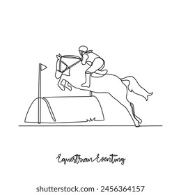One continuous line drawing of Equestrian eventing sports vector illustration. Equestrian eventing sports design in simple linear continuous style vector concept. Sports themes design illustration.
