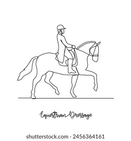 One continuous line drawing of Equestrian dressage sports vector illustration. Equestrian dressage sports design in simple linear continuous style vector concept. Sports themes design illustration.