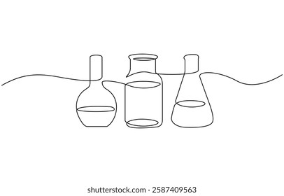 One continuous line drawing of Erlenmeyer flask. Single line of Erlenmeyer flask vector illustration, Test flask one continuous line illustration. Hand drawn doodle sketch of medical.