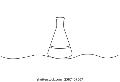 One continuous line drawing of Erlenmeyer flask. Single line of Erlenmeyer flask vector illustration, Test flask one continuous line illustration. Hand drawn doodle sketch of medical.