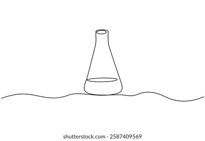 One continuous line drawing of Erlenmeyer flask. Single line of Erlenmeyer flask vector illustration, Test flask one continuous line illustration. Hand drawn doodle sketch of medical.