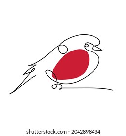 One continuous line drawing Eurasian Bullfinch, Hand Drawn Cute Bird Vector sketch icon isolated on white background. Seasonal Design element. Bright red bird is winter symbol. Pyrrhula pyrrhula.