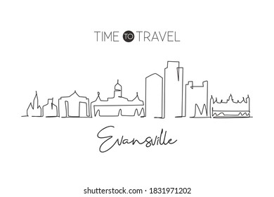 One continuous line drawing of Evansville city skyline, Indiana. Beautiful landmark. World landscape tourism travel home wall decor poster print. Stylish single line draw design vector illustration