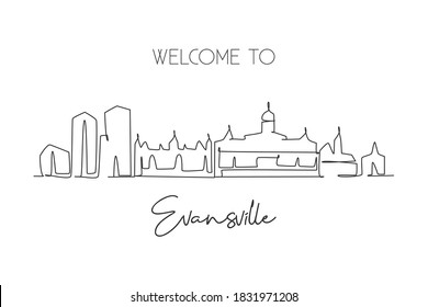 One continuous line drawing of Evansville city skyline, Indiana. Beautiful landmark. World landscape tourism travel home wall decor poster print. Stylish single line draw design vector illustration