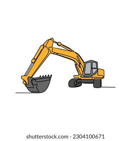 Un plano continuo de la excavadora en el proyecto del emplazamiento. Concepto del proyecto de construcción con un estilo lineal simple. Concepto de diseño de vectores del proyecto de construcción.