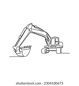 One continuous line drawing of excavator in the site project . Construction Project design concept with simple linear style. Construction Project vector design illustration concept.