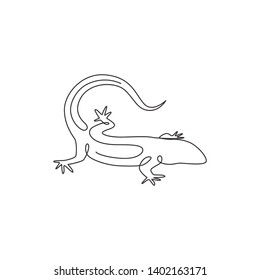 One continuous line drawing of exotic desert lizard for company logo identity. Cute desert animal mascot concept for reptile pet lover organization. Trendy single line draw design vector illustration