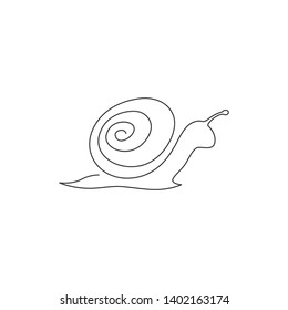 One continuous line drawing of exotic snail with spiral shell mascot concept for organic food logo identity. High nutritious escargot healthy food. Continuous line draw design vector illustration