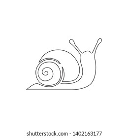 One continuous line drawing of exotic snail with spiral shell mascot concept for organic food logo identity. High nutritious escargot healthy food. Continuous line draw design vector illustration