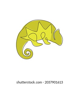 One continuous line drawing of exotic chameleon with spiral tail mascot concept for conservation national park. Rare reptile animal for company logo identity. Continuous line draw design illustration