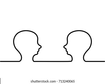 One continuous line drawing of face to face human head silhouette on white background. EPS10 vector illustration for banner, web, template, postcard. Black thin line of man, people image. 