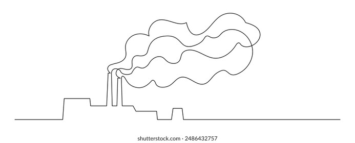 One continuous line drawing of factory Industrial plant. Abstract cooling towers of power station symbol in simple linear style. Editable stroke. Doodle outline vector illustration