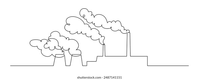 One continuous line drawing of factory Industrial plant. Abstract cooling towers of power station symbol in simple linear style. Editable stroke. Doodle contour vector illustration