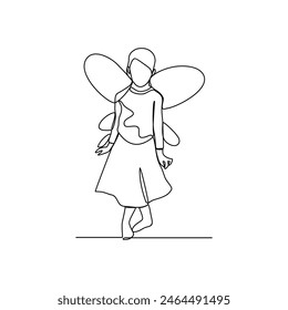 One continuous line drawing of Fairy vector illustration. Fairy design in simple linear continuous style vector concept. A fairy is a mythical being or legendary creature in European folklore.