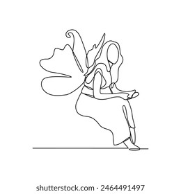 One continuous line drawing of Fairy vector illustration. Fairy design in simple linear continuous style vector concept. A fairy is a mythical being or legendary creature in European folklore.