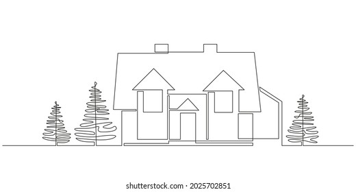 Una línea continua de la casa familiar de dos pisos con árboles de jardín en el pueblo. Concepto moderno de arquitectura Hogar en estilo lineal minimalista. Ilustración de Doodle Vector