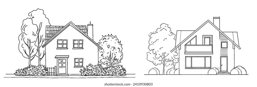 One continuous line drawing of family country house with bushes at village. Outline of isolated on white background. Monochrome vector illustration.