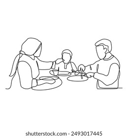 Eine durchgehende Linienzeichnung der Familiengastronomie-Vektorillustration. Familienessen und Aktivitäten Themen Design Illustration Einfache lineare Stil Vektorgrafik Konzept. Speisen und Getränke sind auf dem Esstisch