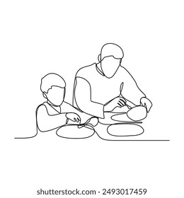 One continuous line drawing of family dining activities vector illustration. Family meal activity themes design illustration simple linear style vector concept. food and drinks are on the dining table