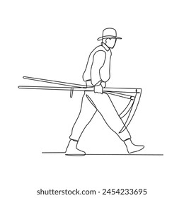 Una línea continua de dibujo de la Ilustración vectorial de actividad del agricultor con fondo blanco. Las actividades de los agricultores consisten en preparar el suelo, sembrar, irrigar, desmalezar y recoger los cultivos maduros.