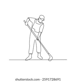 One continuous line drawing of a Farmer is on duty vector design illustration. Farmer working design illustration simple linear style vector concept. Farmer in field illustration for your asset design