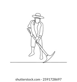 One continuous line drawing of a Farmer is on duty vector design illustration. Farmer working design illustration simple linear style vector concept. Farmer in field illustration for your asset design