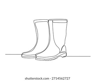 Un dibujo de línea continua de botas de agricultor. Botas de goma ilustración de dibujo de contorno. 